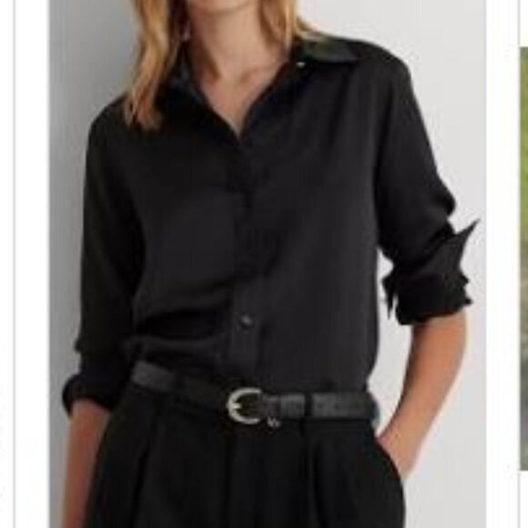 Liz Claiborne (Lizsport) Black Sateen Cotton Button Front Blouse - Size Medium - Picture 1 of 8
